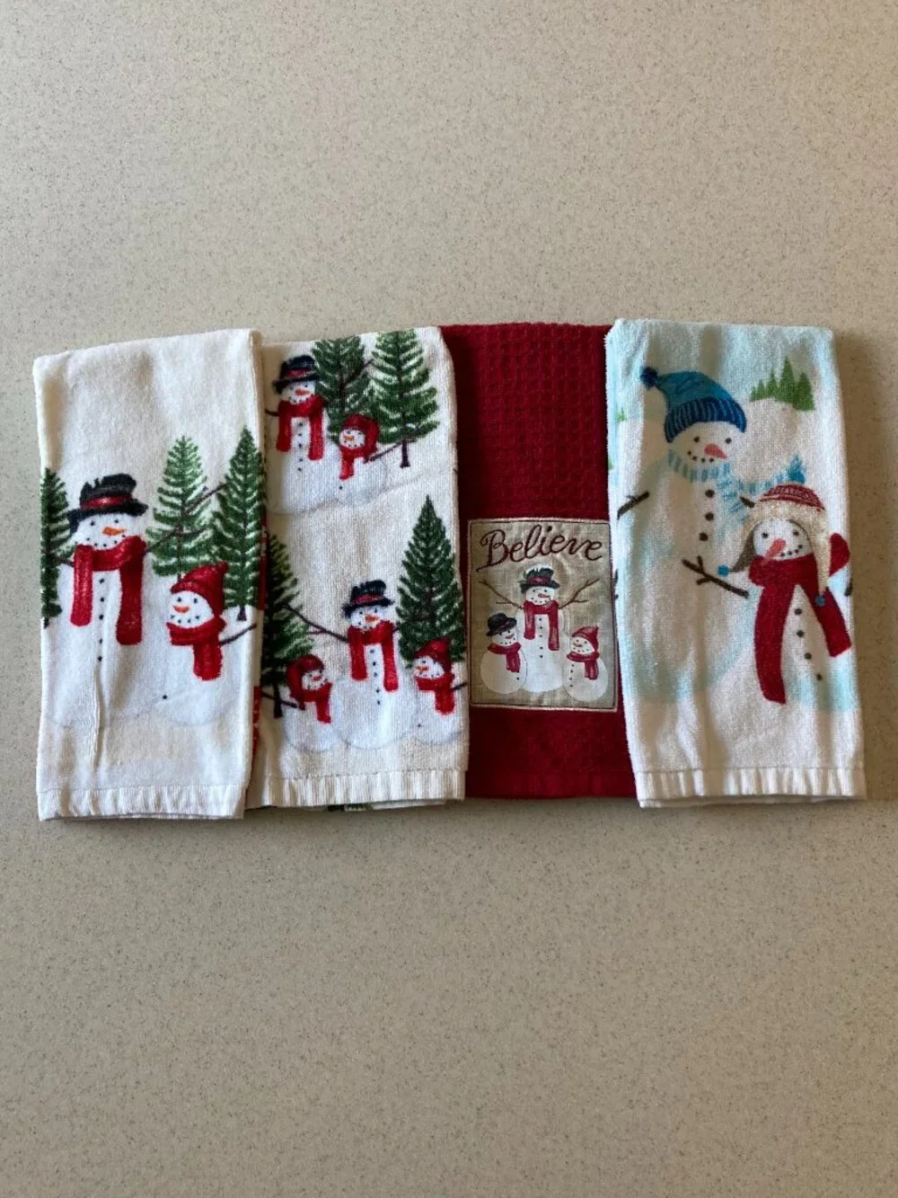 St. Nicholas Square Dish Towels 4 Pc. Snowmen Believe
